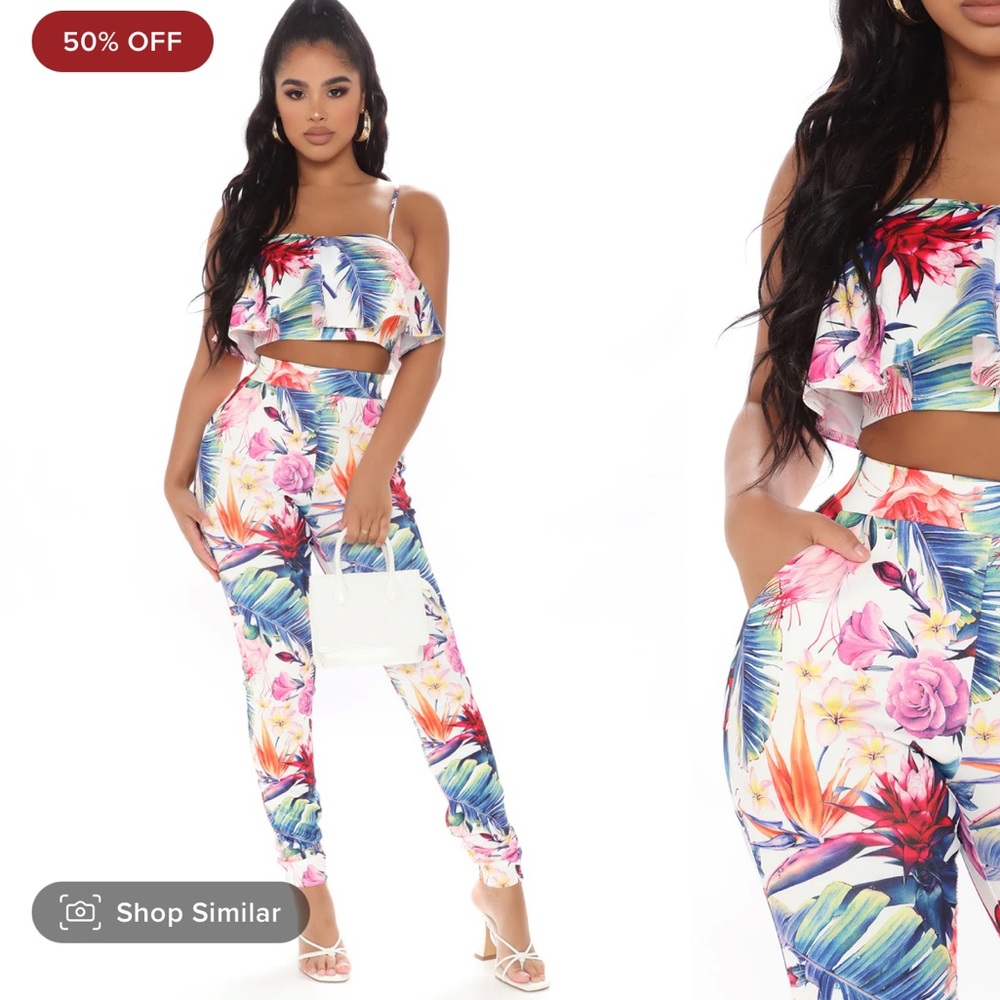 Fashion Nova White Tropical Floral Skinny Jumpsuit